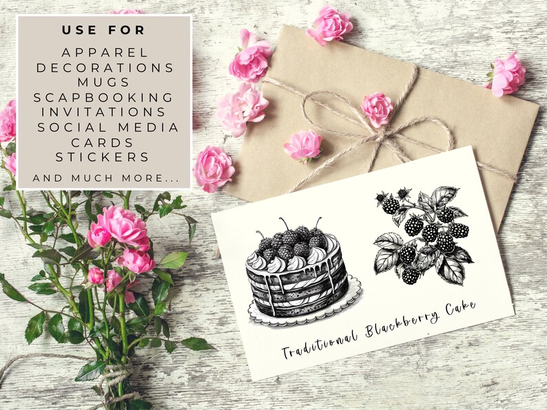 May include: Black and white illustration of a traditional blackberry cake with a sprig of blackberries. The text "Traditional Blackberry Cake" is below the image.
