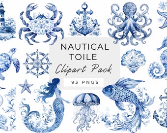 Nautical Blue Toile Clipart,Watercolor Toile Clipart,Toile De Jouy Blue, Chinoiserie Clipart,French Toile De Jouy,Watercolor Ocean Animals