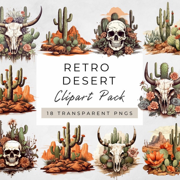 Desert Clipart PNG, Desert Landscape Clipart, Cow Skulls Clipart PNG, Floral Skulls PNG, Cactus Clipart, Western Desert Clipart, Sublimation