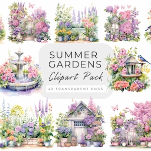 Imágenes Prediseñadas de jardines de verano, jardín de verano de acuarela, imágenes prediseñadas de flores de verano png, ilustraciones de jardín, pintura de jardín png, verano campestre png
