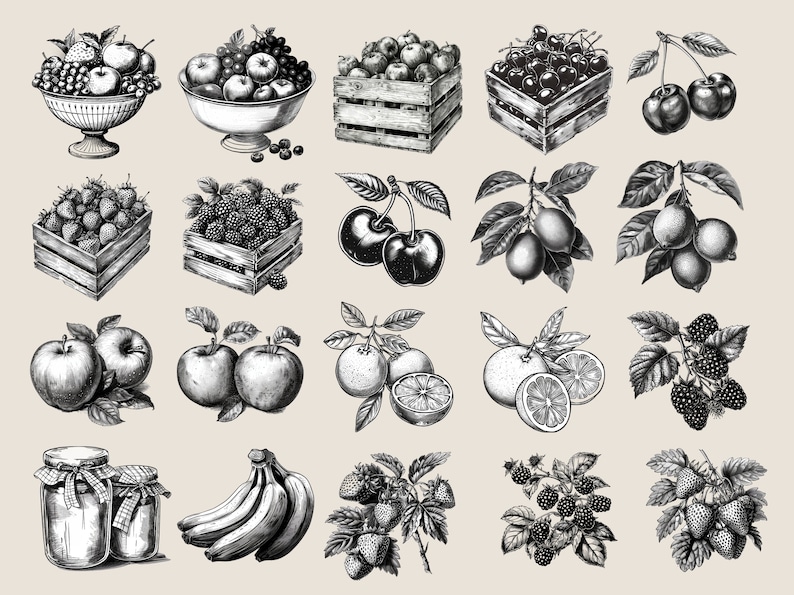 May include: A collection of vintage illustrations of various fruits and berries, including apples, cherries, lemons, oranges, strawberries, raspberries, and bananas. The illustrations are in black and white and have a detailed, realistic style.