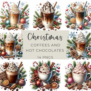 Clipart Noël cafés et chocolats chauds, Clipart Noël chocolats chauds, cafés de Noël png, boissons de Noël png, tasse de Noël png