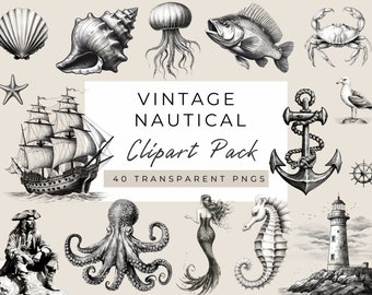 Vintage Nautical Clipart, Nautical Illustrations Clipart,Black And White Nautical Clipart PNGs,Old Fashioned, Ocean Clipart, Sea Elements