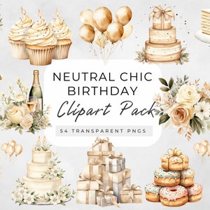 Clipart de aniversário neutro, clipart de aniversário em aquarela, clipart bege de aniversário png, vela de cupcake de aniversário, presentes de aniversário, balões neutros