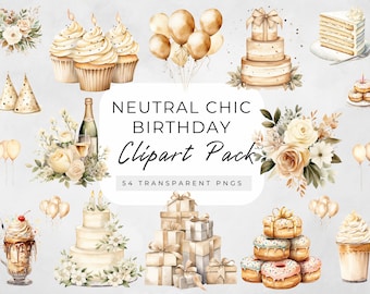 Neutral Birthday Clipart, Watercolor Birthday Clipart, Beige Birthday Clipart png,Birthday Cupcake Candle,Birthday Presents,Neutral Balloons