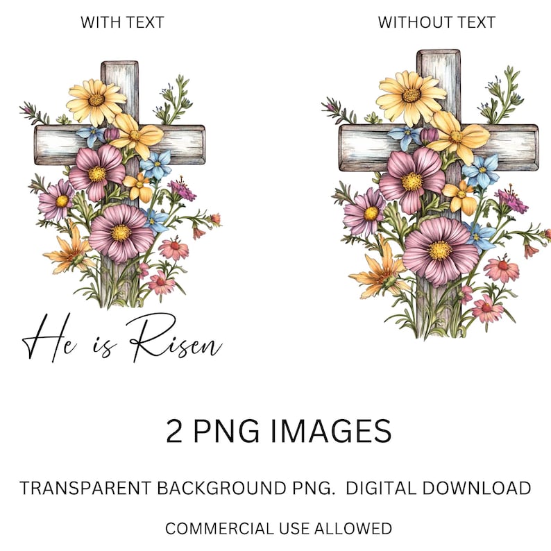 Pode incluir: Uma cruz de madeira adornada com um arranjo floral de flores rosa, amarelas e azuis. O texto "He is Risen" est&aacute; escrito abaixo da cruz.