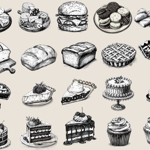 May include: A collection of hand-drawn illustrations of various baked goods, including cakes, pies, bread, cookies, and a burger. The illustrations are in black and white and have a vintage style.