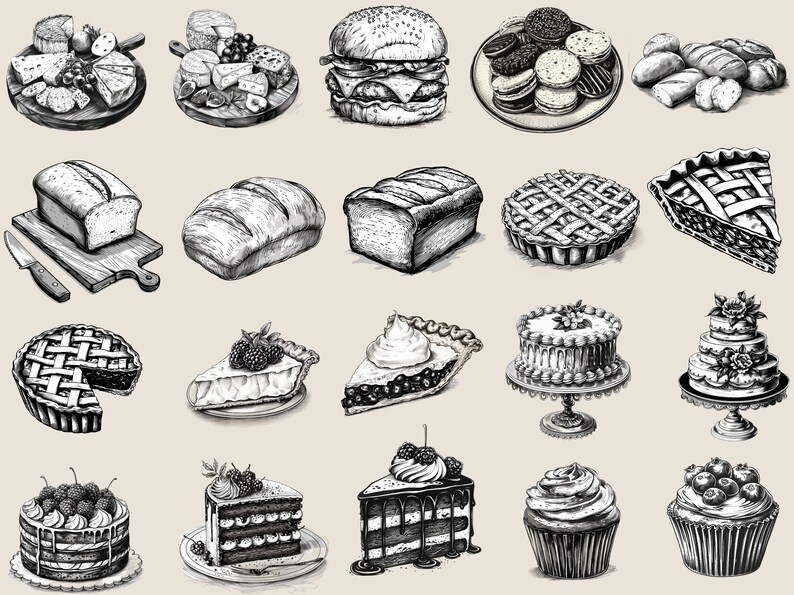 May include: A collection of hand-drawn illustrations of various baked goods, including cakes, pies, bread, cookies, and a burger. The illustrations are in black and white and have a vintage style.