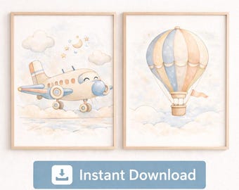 Watercolor Airplane and Hot Air Balloon Nursery Prints (Set of 2) (Digital Download)