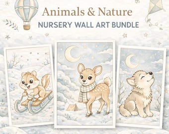 Woodland Animal Nursery Prints, Watercolor Neutral Decor (Digital Download