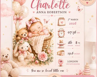 Personalized Baby Birth Stats Print, Custom Newborn Keepsake, Baby Girl Nursery (Instant Download)