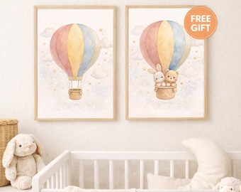 Watercolor Hot Air Balloon Nursery Print, Neutral Baby Room Decor (Digital Download)