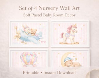 Pastel Animal Nursery Art Prints | Set of 4 (Instant Download)