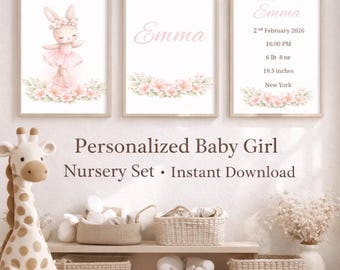 Personalized Baby Girl Nursery Wall Art Set, Bunny Ballerina Nursery Decor, Custom Baby Name Print, Birth Stats Printable, Pink Floral Nurse