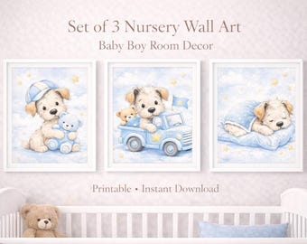 Baby Boy Nursery Art | Watercolor Puppy Prints, Set of 3 (Digital Download)