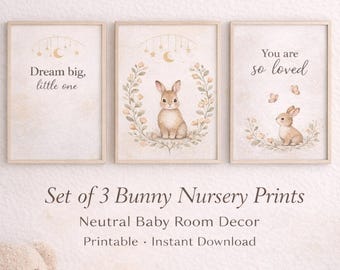 Bunny Nursery Prints Set of 3 | Floral Wreath, Boho Baby Decor (Digital Download)