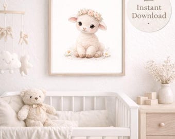Watercolor Baby Lamb Print – Floral Crown Nursery Art (Digital Download)