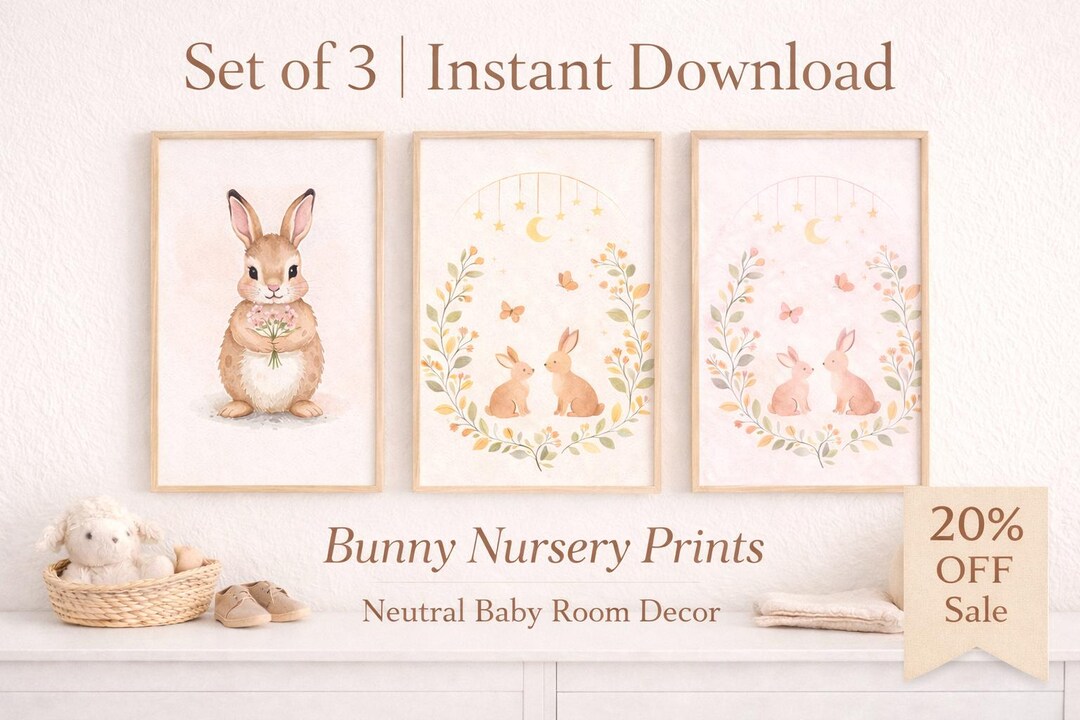 Set of 3 Watercolor Bunny Nursery Prints, Neutral Woodland Baby Room ...