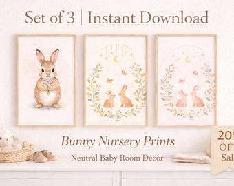Woodland Nursery Wall Art Set of 3, Baby Animal Prints Bunny Fox Deer, Neutral Nursery Decor, Printable Nursery Art, Instant Download