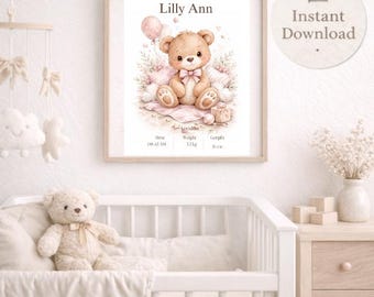 Personalized Baby Name Wall Art, Teddy Bear Nursery Print, Custom Baby Name Sign, Neutral Baby Nursery Decor, Baby Shower Gift, Digital Pdf