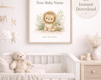 Personalized Lion Baby Name Print – Safari Wall Decor Download