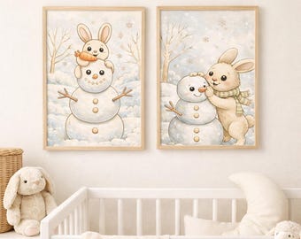 Winter Bunny and Snowman Watercolor Nursery Prints (Digital Download)