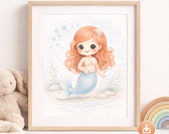 Watercolor Mermaid Nursery Art, Ocean Girl Print (Digital Download)