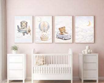 Baby Animal Nursery Wall Art Prints | Watercolor Beige & Blue Decor (Instant Download)