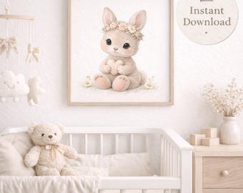 Baby Bunny Watercolor Print | Neutral Nursery Wall Art (Digital Download)