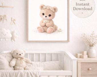 Baby Bear Nursery Print, Watercolor Woodland Animal Art (Digital Download)