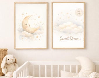 Watercolor Moon and Stars Nursery Art, Neutral Tones (Digital Download)