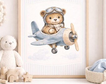 Teddy Bear Airplane Nursery Print | Baby Boy Wall Art | Watercolor Printable | Instant Download