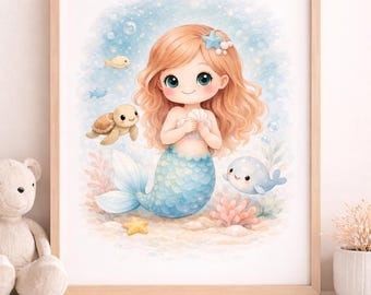Watercolor Mermaid Nursery Wall Art Printable | Baby Girl Ocean Decor | Instant Download