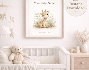 Personalized Baby Name Wall Art, Giraffe Nursery Print, Custom Baby Name Sign, Safari Baby Nursery Decor, Baby Shower Gift, Digital Print