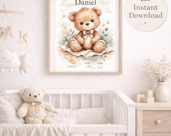 Personalized Teddy Bear Birth Print, Neutral Baby Name Keepsake Poster Instant Download
