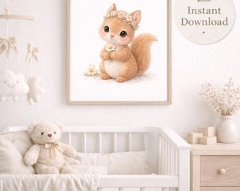 Baby Squirrel Watercolor Nursery Art, Woodland Animal Print (Digital Download)