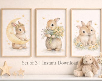 Set of 3 Bunny Nursery Prints | Neutral Nursery Wall Art | Baby Room Decor | Printable Nursery Art | Instant Download