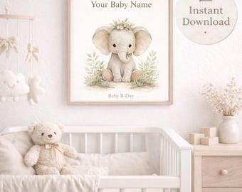 Personalized Baby Name Wall Art, Elephant Nursery Print, Custom Baby Name Sign, Neutral Baby Nursery Decor, Baby Shower Gift