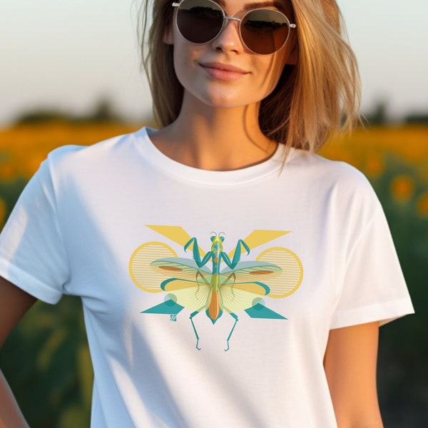 Mantis insect shirt. The beetle-inspired tee would be a perfect gift for entomologists or anyone who loves nature.