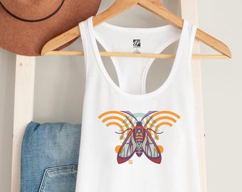 Camiseta sin mangas con espalda cruzada y estampado de polillas: Estampado de insectos coloridos, moda de verano