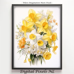 May include: A framed print of a bouquet of yellow and white daffodils with green leaves. The print has the text "Digital Pixels NL" at the bottom.