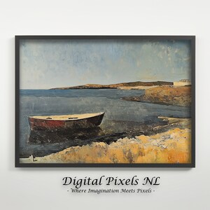 Boat in the lake, Printable Nature scene, Vintage Painting, Antique Art Print, Country lake Field spring Wall Art Digital Download | 24002