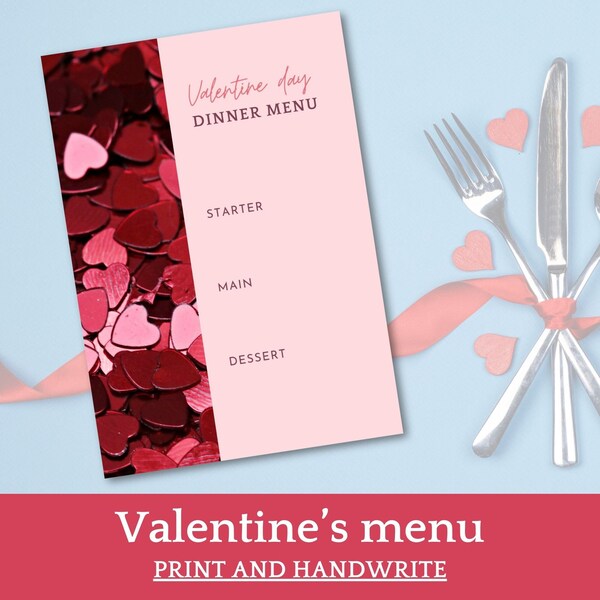 Pronto per stampare il menu di San Valentino, scrivere a mano i tuoi piatti, cuori rosa romantici, download di biglietti d'auguri per anniversario, menu dello chef