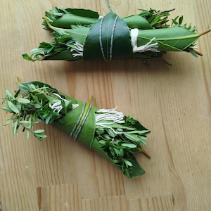 May include: Two bundles of fresh green herbs wrapped in large green leaves and tied with white string. The bundles rest on a light brown wooden surface. The leaves are a vibrant green, and the string adds a touch of contrast.