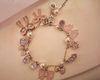 Bracelet chaîne à breloques noeud rose poudré, Bijoux pour fille, cadeau pour femme, coquette, balletcore, bijoux de l'an 2000, bracelet de l'amitié, Barbie, mignon