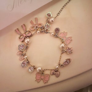 Blush Pink Bow Charm Chain Bracelet Jewelry For Girls, Gift for Women, Coquette, Balletcore, Y2K Jewelry, Friendship Bracelet, Barbie, Cute