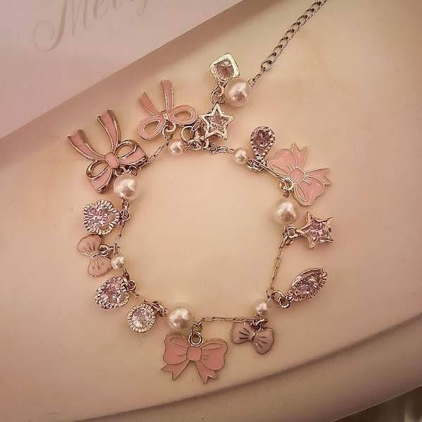 Blush Rosa Schleife Charme Kette Armband Schmuck für Mädchen, Geschenk für Frauen, Coquette, Balletcore, Y2K Schmuck, Freundschaftsarmband, Barbie, Cute