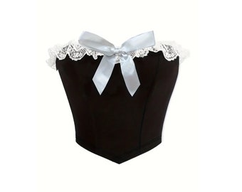 Black Lace Corset with White Satin Bow For Girls, Gift for Women, Coquette, Balletcore, Y2K Jewelry, Barbie, Cute