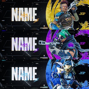 Peut inclure: Une bannière numérique noire et blanche avec le mot "NAME" en grandes lettres blanches. La bannière présente trois personnages différents d'un jeu vidéo. Le premier personnage est une femme aux cheveux verts et vêtue d'une tenue violette et noire. Le deuxième personnage est un homme aux cheveux bleus et vêtue d'une tenue bleue et noire. Le troisième personnage est une femme aux cheveux bruns et vêtue d'une tenue bleue et jaune.