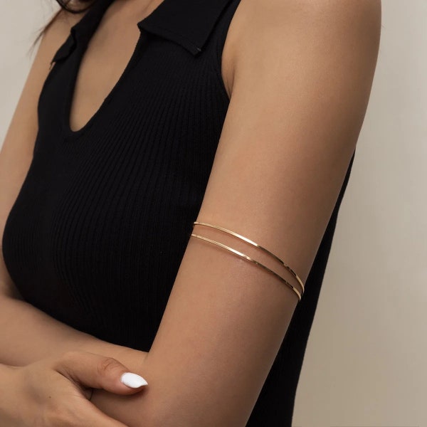 Minimalist Metal Cutout Double C Arm Bracelet - Geometric Open Upper Arm Cuff for Women - Gold and Silver Options - Stylish Arm Band Gift